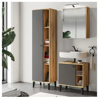 Lomadox Badmöbel-Set OLEAN-61, (Spar-Set, 3-St., Waschbeckenschrank Spiegelschrank Hochschrank), Eiche Holzoptik mit grau Möbelfüße schwarz LED Beleuchtung modern grau
