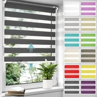 Allesin Doppelrollo schnurlos Klemmfix ohne Bohren Duo Rollos für Fenster, 55x140cm (Stoffbreite 55 cm) Anthrazit, Drücken Und Ziehen Springrollos Klemmrollo Fenster, Rollo ohne Schnur