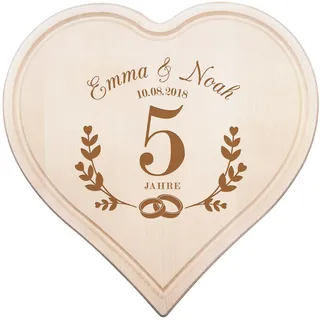 Herz Schneidebrett mit Gravur zur hölzernen Hochzeit, Personalisiertes Geschenk zum 5 Hochzeitstag, Frühstücksbrett zur Holzhochzeit, Hölzerne Hochzeit Geschenk, Holzbrett, Hochzeitstag Geschenk