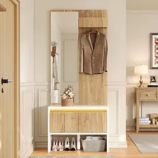 Merax Garderobenset, Garderobe mit Spiegel, Kleiderständer, Schuhbank, 2 Schubladen, Haken, Wandgarderobe, Garderobenständer, Flurmöbel, Natur+W... - Weiß
