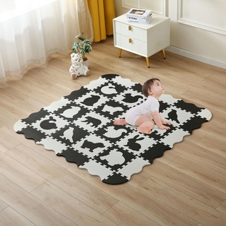 INTOMENG Puzzlematte Baby Play Mat for Floor Interlocking Eva Foam Puzzle Mat Krabbeldecke FüR Baby Tiermuster drucken Krabbelmatte rutschfest 142×142×1cm, Schwarz und weiß Modell 09