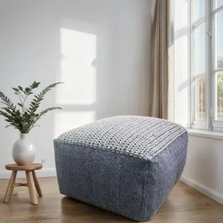 Eckiger Strick Pouf Puff 60cm extra Hochwertig inklusive Füllung | Sitzkissen Sitzpouf Sitzpuff Bailee Grau | Hocker Sitzhocker Fusshocker Strickhocker | Bodenkissen aus Baumwolle Grob gestrickt
