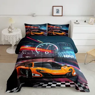 Feelyou Rennauto-Bettwäsche-Set für Jungen, Extremsport-Bettwäsche-Set für Kinder, Jungen, Cooles Auto-Steppdecke, Auto-Sport-Bettwäsche-Set, 1 Bettdecken-Set mit 1 Kissenbezug, Doppelbettgröße