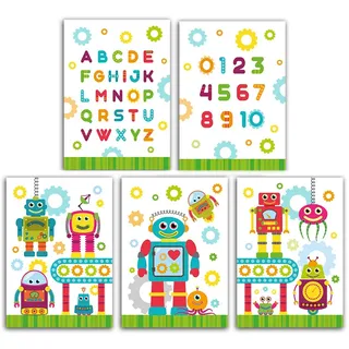 Junaversum Plakat für Kinderzimmer Roboter Zahlen Buchstaben ABC Poster Mädchen Jungen Deko für Babyzimmer Wandbilder A4 (5-er Set)