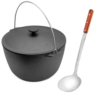 Gusseisen Topf 8 L mit Deckel und Schöpflöffel Kazan mit Bügel Schwenktopf | Campingtopf Gulaschkessel Schmortopf Dutch Oven Induktionsgeeignet & Ofenfest Gusseisentopf für Kochen & Braten Asia WOK