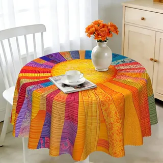 Tischdecke Rund 160 cm Wetterfest Abwaschbar - Polyester Sonnenstreifen Muster - Outdoor Tischdecke für Garten Küche Esszimmer Balkon - für 6-8 Personen - Wasserdicht & Langanhaltend