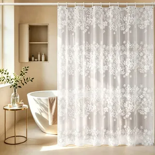 Vllcsla Duschvorhang Blumenmuster Anti Schimmel Wasserdicht, 240x200 cm, 240 cm Breite Waschbar Plastik Badvorhang, Duschvorhang Weiß mit Blumen, Duschvorhänge für Badezimmer, mit Haken