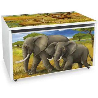 Leomark Spielzeugkiste aus Holzwerkstoff, 91 L, Sitzbank, Rollen, Safari | Maße 71x40x46 cm, Deckel mit Absenkmechanismus, 18 mm Möbelplatte, Metallscharniere, Innenmaß 66x36x38 cm, Selbstmontage