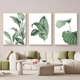 Ueiwffzo 3er Set Poster Grüne Pflanze Blätter Bilder, Botanisch Kunstdruck Wanddeko, Aesthetic Wandbilder Wohnzimmer Schlafzimmer Deko, Ohne Rahmen (50x70cm)