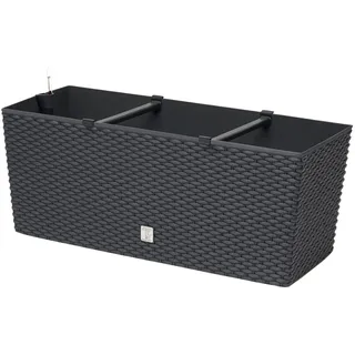 BirnePower Blumenkasten 500 Anthrazit mit Bewässerung – 51 x 19 cm Polyrattan Pflanzkübel rechteckig, Wasserspeicher & Wasserstandsanzeiger, Balkonkasten Kunststoff wetterfest (17 Liter)