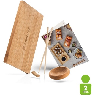 Reishunger Geschirr-Set Reishunger Sushi Servier Set (8-tlg), Bambus, Für zwei Personen - Pro Person ein Servierbrettchen, edle Essstäbchen, Sushi Saucenschale und Stäbchenbank beige