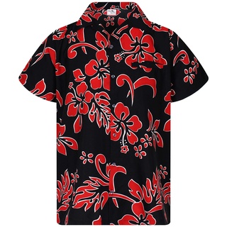King Kameha Funky Hawaiihemd, Kurzarm, Hibiskus New, Rot auf Schwarz, XXL