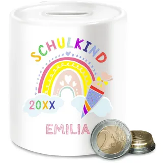 Spardose - Schulanfang & Einschulung Bedruckt - Schulkind 2026 Regenbogen - Unisize - Weiß - mädchen Geld personalisierte Geschenke schulanfänger Schule schultüte spardosen 2023 schulkinder