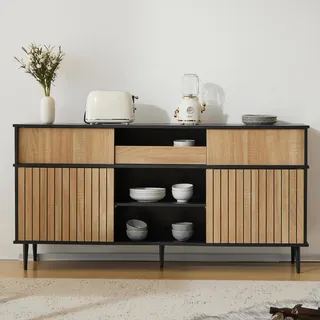 ModernLuxe Anrichte Kommode Sideboard mit 4 Schiebetüren und 1 Schublade, modernes Eiche-Schwarz-Design, 160 x 40 x 80 cm, vielseitiger Stauraum für Wohnzimmer, Esszimmer und Flur Natürlich+Schwarz
