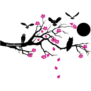 Wandtattoo mit Ast Zweig Kirschblüten 115x52cm Wandbild personalisiert Aufkleber selbst gestalten für Garderobe Flur Eingang Wohnzimmer Schlafzimmer Wandaufkleber Deko Baum (01 Eule, Mit Wunschtext)