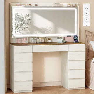 Hzuaneri Große Schminktisch mit Große HD-Spiegel, Weiß-Braun | Schminktisch mit LED-Beleuchtung, 3 Farben, Einstellbare Helligkeit, mit 11 Schubladen, Fürs Schlafzimmer, DT43014XEU