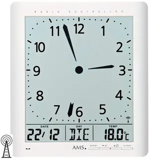 AMS 5896 Wanduhr Tischuhr Funk digital weiß Datum Thermometer Weckfunktion