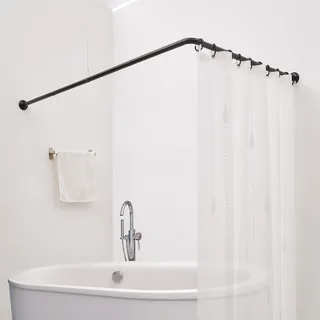 Crkmire Duschvorhangstange L Form Duschstange 88x88 cm Eckduschstange aus Stahl, Schwarz Matt mit Deckenstütze & 12 Haken (Montageset inklusive)