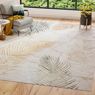 TAPISO Golden Teppich Kurzflor Creme Gold Grün Blätter 250 x 300 cm | 100% Polyester, 8 mm Florhöhe, gewebt
