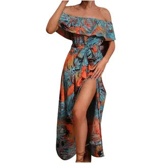 Gutschein Boho Sommerkleid Damen Sexy Schulterfrei Strandkleid Hohe Taille Maxikleid Locker Bandeau Kleid Hawaii Partykleid mit Blumendruck Lange A-Linien Kleider Urlaub Freizeitkleid Große Größen - L