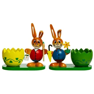 SIKORA OD08 Osterdeko Eierbecher aus Holz im 2er Set | handbemalte & dekorative Osterhasen Figuren | Hochwertige Tischdeko für das Osterfrühstück, Farbe | Modell:A2 2er Set rot | blau