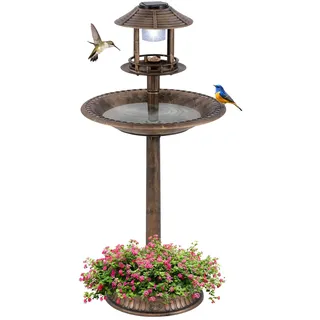 FANTASK Vogeltränke stehend, Vogelfutterhaus mit Solarleuchte, Vogelfutterstation Retro mit Blumenkübel & befüllbarem Ständer, Wildvögel Vogelbad Garten, Ø50x107cm (Bronze)