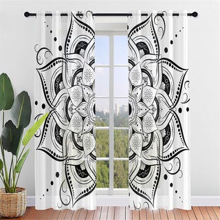 Hiseng Voile Vorhänge mit Ösen Durchsichtig Halbtransparent Ösenvorhang für Fenster Wohnzimmer Schlafzimmer Mandala Exotisch Moderne Transparent Gardine 2er Set (107x160cm,Weiß schwarz)