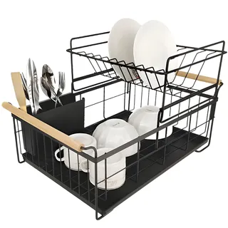 Retoo Abtropfgestell Einlagige Geschirr Abtropfständer 44,3 x 32 x 22 cm Geschirrabtropfer Drip, Tropfschale, Geschirrabtropfgestell, Besteckhalte, Besteckständer mit Herausnehmbarem Tablett