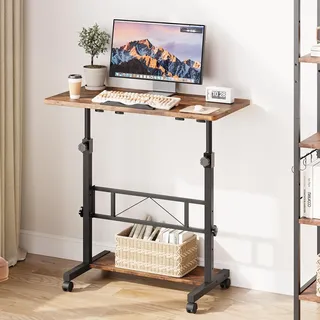 Dripex 80x40cm Stehpult, Schreibtisch höhenverstellbar 65-98cm, Mobiler Computertisch mit Rollen und mit neigbar Tischplatte, Überbett-Tisch, Steh-Sitztisch für Zuhause und Büro, Vintage Braun