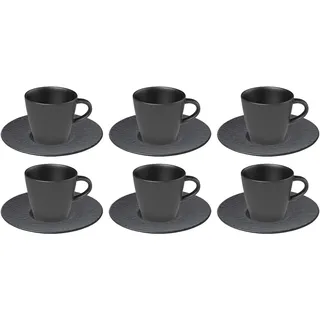 Villeroy & Boch Manufacture Rock Kaffeetassen mit Untertassen, 6er Set, 150 ml, Hochwertiges Geschirr in Schiefer-Optik, Premium Porzellan, Spülmaschinen- / Mikrowellengeeignet, Schwarz