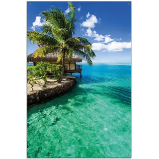 Wallario Outdoor-Poster für Garten oder Balkon Karibisches Meer Einsame Hütte unter Palmen, Motivbanner Größe: ca. 60 x 90 cm, Outdoor-Bild