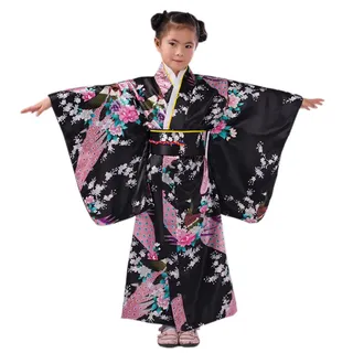 XueXian(TM) Mädchen Kimono mit Obi-Gürtel Robe Yukata Blumen Pfau Muster Japanisch Morgenmantel(Höhe:130-140 cm/Schwarz) - Höhe:130 - 140 cm
