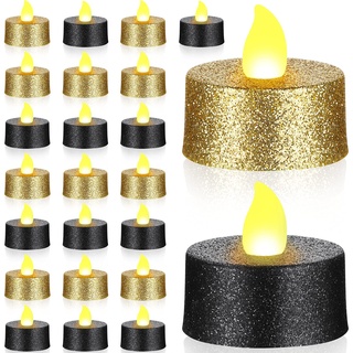 Mudder 24 Stücke Gold Glitzer LED Teelichter Schwarz Flammenlose Kerzen Batteriebetriebene Votiv Teelichter mit Warm Gelb Licht für Weihnachten Hochzeit Mittelstücke Tisch Jubiläum Outdoor