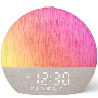 LIORQUE Tageslichtwecker, Sonnenaufgang Simulation, Bluetooth, Stoffdesign | Sonnenaufgang 10-60min, 30 Klange 17 Farblicht, Timer 30-180min, 5W USB Ladeanschluss, Netzteil Inklusive