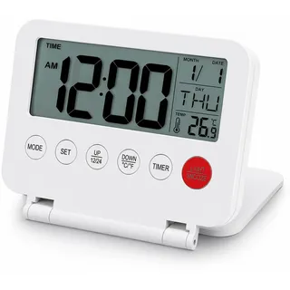 VOSSOT Reisewecker Klein Digital Klappbar Batterie - Mini Digital Wecker Reisewecker Digital Funkwecker Design Kompakt Tragbar mit Temperatur Datum Anzeige für Reise Büro Schlafzimmer