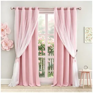 SOFJAGETQ Doppellagige Vorhänge, 228,6 cm Länge, gemischte rosa Verdunkelungsvorhänge mit weißer, durchscheinender Voile, für Schlafzimmer und Wohnzimmer, hellblockierende Vorhänge, 132,1 x 229,6 cm
