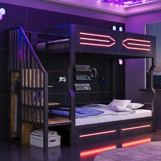 Flieks Etagenbett 90x200cm mit Kleiderstange und Staufächern, Jugendbett Metallbett mit Led, Hochbett Kinderbett mit Treppe und Lattenrost, Schwarz - Schwarz