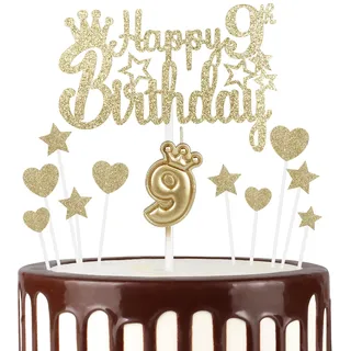 "mciskin 9. Happy Birthday Kerzen Kuchenaufsatz, Krone Nummer 9 Kerze für Kuchen, Mädchen 9. Geburtstag Dekorationen, Kuchenkerzen Kuchenaufsatz für Baby-Geburtstagsfeier Hochzeitstag (Champagner-GOL