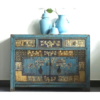 OPIUM OUTLET Kommode Sideboard Schrank Hochzeitsschrank Möbel (Vintage-Stil, shabby-chic, Landhaus, Antik, B x T x H: 117 x 40 x 85 cm; komplett montiert), asiatisch chinesisch orientalisch fernöstlich blau