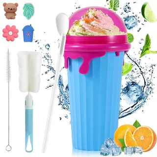Slush Becher,500ml Slushie Maker Becher,Slush Becher maker Silikon Squeeze Cup,DIY Slushy Maker Cup Gefrorene Maker Smoothie Becher Sommer-Slush Cup mit Strohhalmlöffel