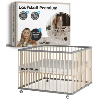 Sämann Laufstall faltbar Baby 100x100 cm mit Cloud Air Matratze | stufenlos höhenverstellbar | Laufgitter Premium | Babybett aus Holz | Krabbelgitter grau/natur