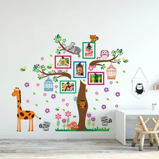 Wandaufkleber für Kinderzimmer, Schlafzimmer, Wanddekoration, Charaktere, bunte Kreaturen, fröhliche Abenteuer, lustig, bunt, glücklicher Baum, Vogel, Eule, Käfige und Blumen, Rahmen, Wanddekoration,