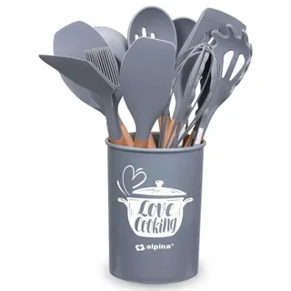 Alpina Küchengeschirrset 12-teilig Silikon-Utensilien mit Holzgriff Grau