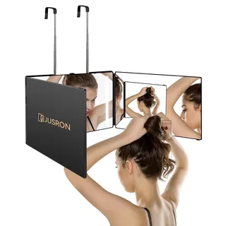 JUSRON 360° Friseurspiegel mit LED,3-teilig klappbar, höhenverstellbar | 3 Spiegel mit LED-Licht für gleichmäßige Ausleuchtung; perfekt zum Haare selbst schneiden, Styling, Rasur und Make-up