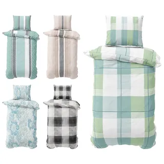 Visaggio Biber Bettwäsche 155x200 cm Feinbiber Bettbezug Winterbettwäsche Schlafzimmer Set Streifen Grün Petrol