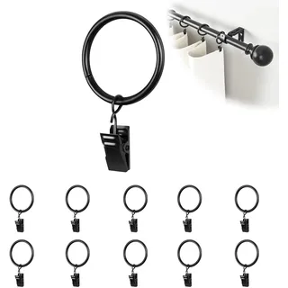 Zolara 10 Stück Gardinenringe mit Clips, Vorhangringe mit Clips, Innendurchmesser 25 mm, Geeignet für Stangen, Fenster, Türen, Duschvorhänge, Wäscheleine, Schwarz