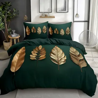 Generisch Dunkelgrün Bettwäsche 135x200 cm Metallische Blätter Gold 3teilig Bettbezüge Set Wende Bettwäsche aus Polyester Baumwolle mit Reißverschluss, Bettwäsche-Sets Weich und Bügelfrei