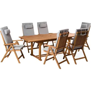 BELIANI Gartenmöbel Set Braun Akazienholz 6-Sitzer Auflagen Hellgrau Ausziehbarer Rechteckiger Tisch Rustikal Landhaus Stil Outdoor - Braun/Grau