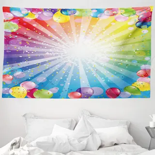ABAKUHAUS Geburtstag Wandteppich, Muster der gestreiften Kulisse mit Luftballons Punkte Feier Geburtstag, aus Weiches Mikrofaser Stoff Wand Dekoration Für Schlafzimmer, 230 x 140 cm, Multicolor