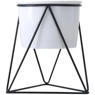 SEWOART Moderner Schwarzer Keramik Blumentopf mit Robustem Eisen Gestell Geometrisches Design Dekorative Hydroponik Vase für Sukkulenten und Kakteen Stilvolle Tischdekoration für Zuhause